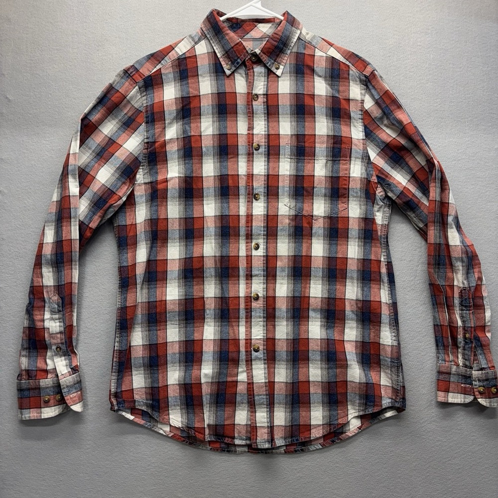 Faded Glory Button Down Plaid Mens Medium Red Blue White 100% Cotton